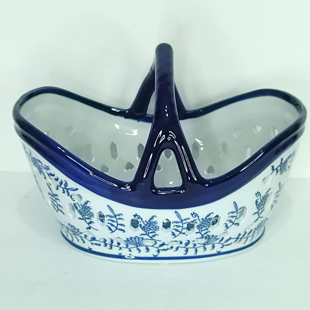 Blue White Grape Vine Handled Decorative Basket Fine Porcelain 10" x 7"